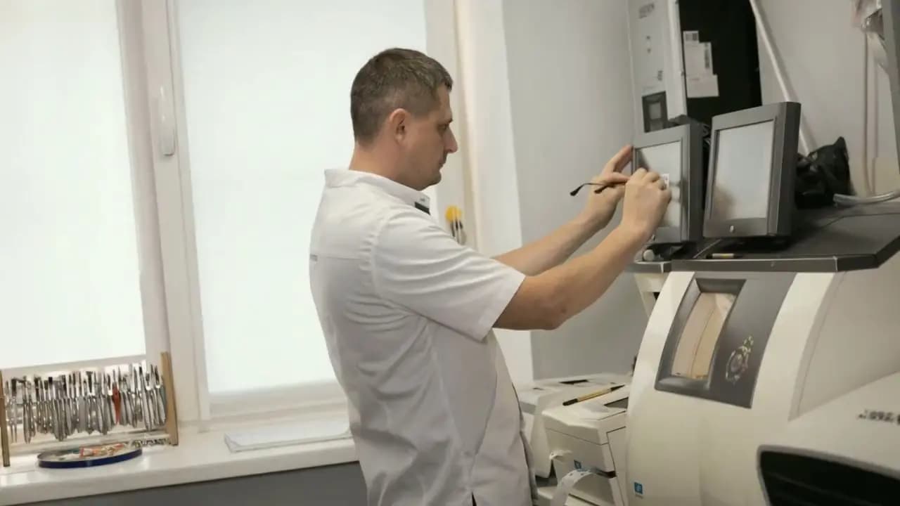 Мастерская салона ОКО: мастер за станком для обработки линз